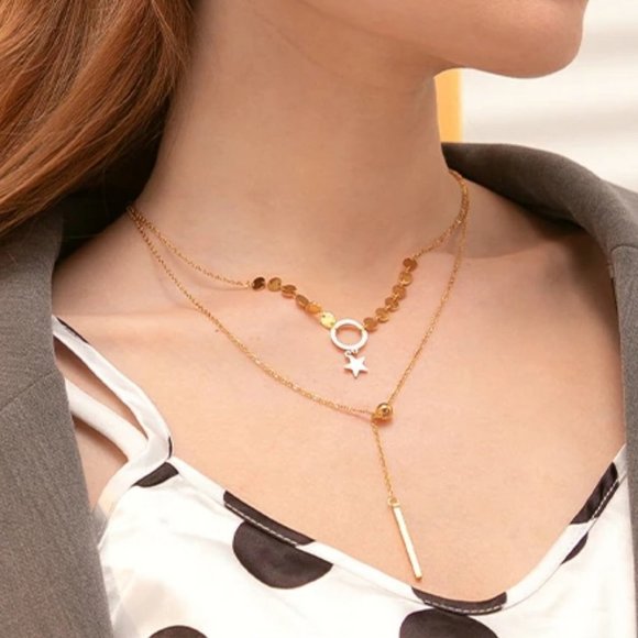New 18K Gold Plated Circle Bar Coin Star Double Layer Necklace - Picture 2 of 6